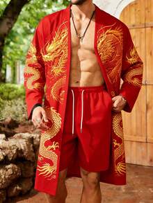 Plus-Size Men's Casual Suit, Red Dragon Design, 100% Polyester Material, Gold Dragon Print Kimono-Style Cardigan And Shorts Set, Regular Fit, Suitable For Casual Wear In Spring, Summer, Autumn, Vacations, And Beach Holidays - HH - 查看 4