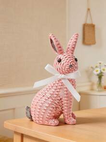 1pc Resin Woven Rabbit Statue With White Ribbon - Rustic Farmhouse Style Living Room, Coffee Table And Bookshelf Decor. This Charming Woven Texture Rabbit Statue Adds A Warm And Natural Atmosphere To Your Home. Perfect For Spring, - B - View 2