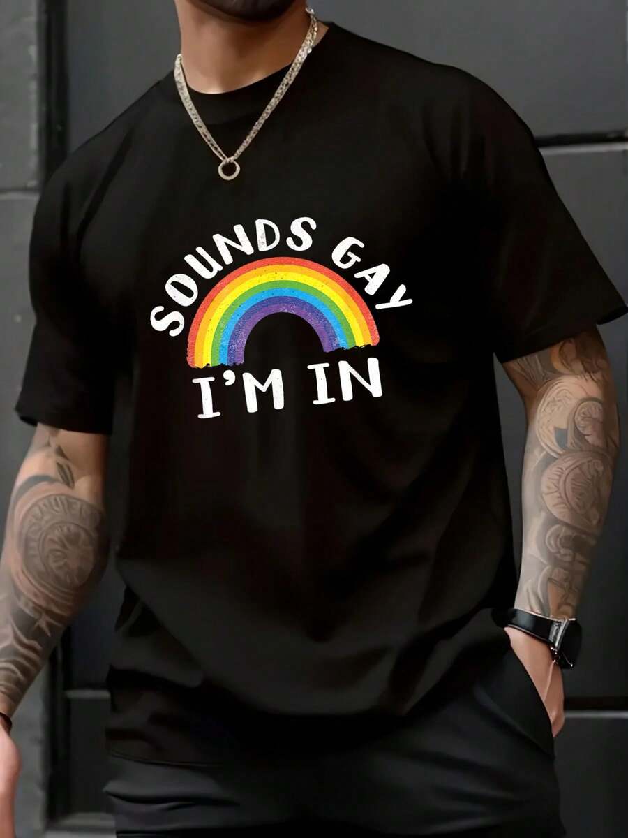 Sounds Gay Im In! Fun LGBTQ Rainbow - Equality Pride Month T-Shirt -100% Cotton Graphic Tees Men,Breathable, Comfortable, Summer & Spring Essential - 黑色 - 查看 1