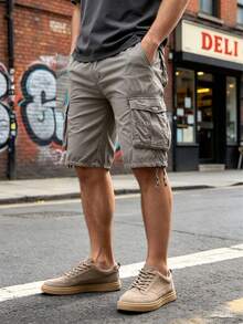 Men's 100% Cotton Cargo Shorts Solid Color Casual Lightweight Multi Flap Pockets Large Capacity Storage Outdoor Hiking Camping Daily Wear Breathable Comfy Summer Shorts Male Durable Streetwear - 灰色 - 查看 1