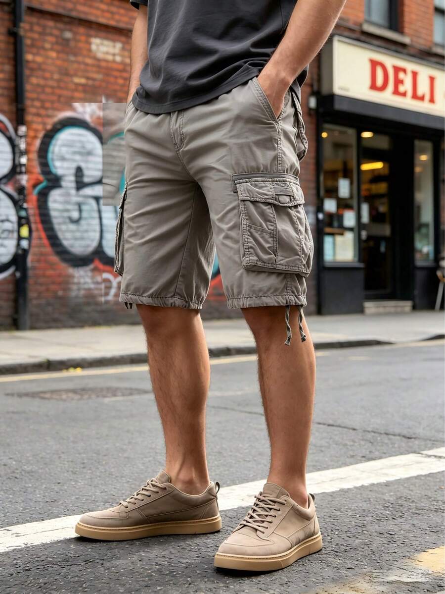 Men's 100% Cotton Cargo Shorts Solid Color Casual Lightweight Multi Flap Pockets Large Capacity Storage Outdoor Hiking Camping Daily Wear Breathable Comfy Summer Shorts Male Durable Streetwear - 灰色 - 查看 1