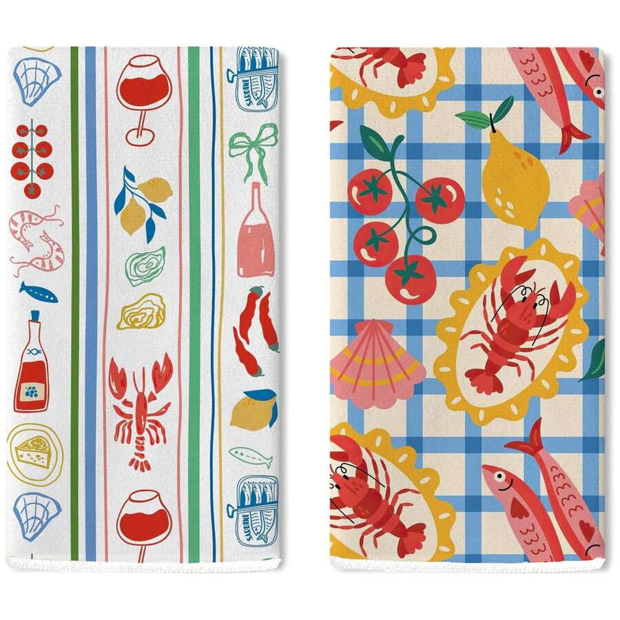 Bộ 2 khăn lau bếp hình hải sản, tôm hùm và cua, khăn lau tay dùng để thấm khô rau củ quả khi nấu nướng, đồ dùng cho tiệc luộc tôm hùm kiểu Địa Trung Hải, 100% sợi microfiber dệt kim, thiết kế hình chữ nhật hiện đại, có thể giặt máy, khăn lau bát đĩa chủ đề hoạt hình.