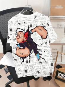Set Olahraga Kasual Pria dengan Desain Grafis "Pelaut Kartun Vintage Usang" - Terbuat dari Kain Rajut Poliester, Leher Bulat, Celana Pendek Tali Serut, Detail Saku, Potongan Reguler, Cocok untuk Ukuran Besar - Putih - View 3