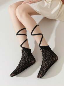 1 đôi tất ren mỏng màu đen/trắng/xám kiểu mới mùa xuân/hè, có quai chéo. - Nhiều màu - Xem 4