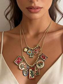 一套夸张几何造型合金彩色印花吊坠多层项链，适合女士通勤佩戴 - 彩色印花吊墜多層項鍊 - 查看 1