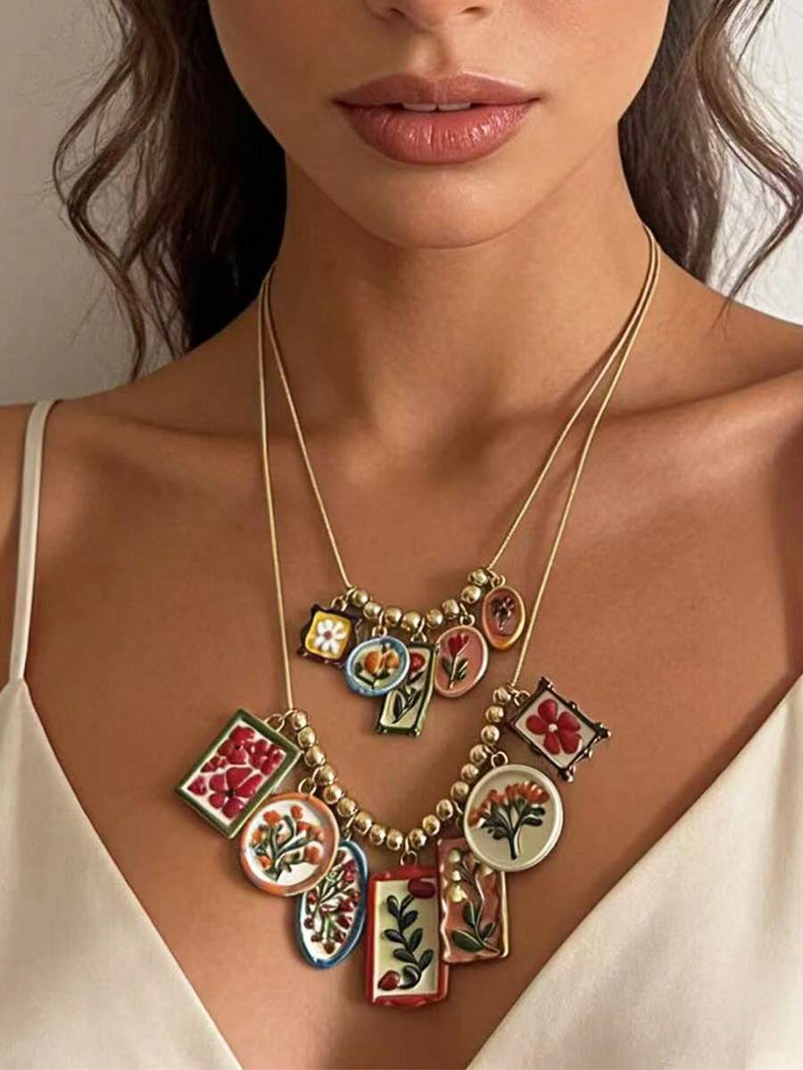 一套夸张几何造型合金彩色印花吊坠多层项链，适合女士通勤佩戴 - 彩色印花吊墜多層項鍊 - 查看 1