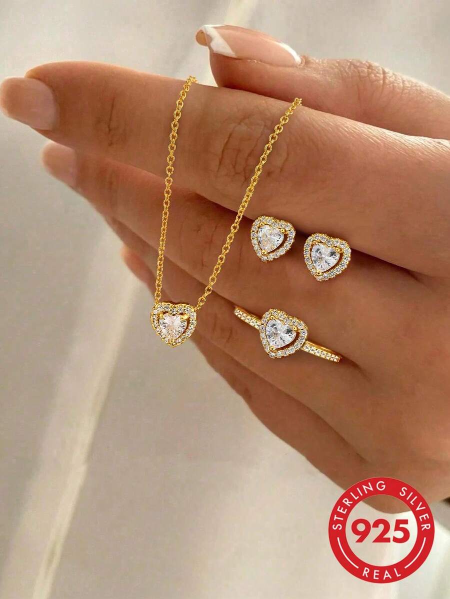 1 Set 925 Sterling Silver Heart Shaped Crystal Necklace, Ring, Earrings Jewelry Set, Elegant Gift For Women - Yellow Gold - View 1
