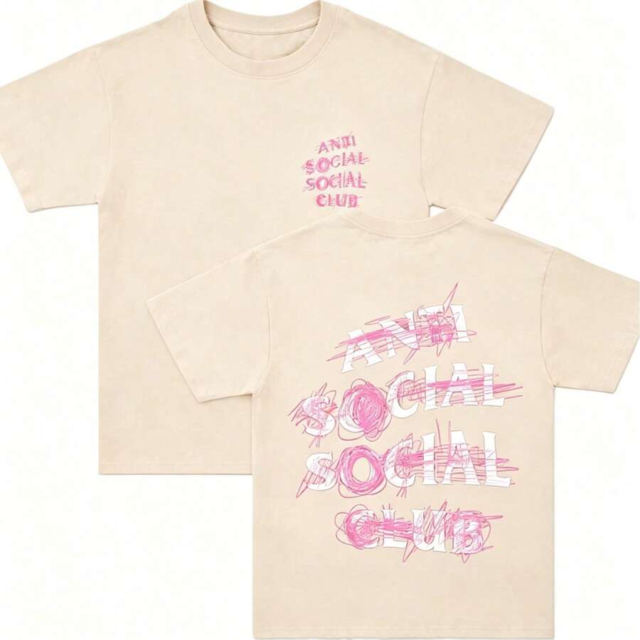 Cotton Double-Sided Printed, Anti Social Club Printed T-Shirt, Suitable For Daily Wear, Casual Summer Wear, Slightly Elastic, Breathable, Outdoor Holiday Sports, Gift T-Shirt, Holiday Gift, Perfect Gift. - 杏色 - 查看 1
