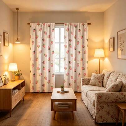 2pcs Pink Strawberry Pattern Curtains With Rod Pockets, Privacy Protection, Suitable For Bedroom, Kitchen And Living Room, Decorative Curtains