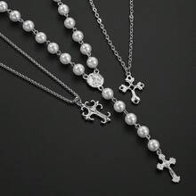 3 Peças/Conjunto Conjunto de Colar Multicamadas, Pingente de Cruz, Gargantilha em Y Longa, Colar de Contas, Acessórios de Joalheria Versáteis e Minimalistas Adequados para Homens/Mulheres, Uso Diário, Festa, Banquete - Prata - Visão 11