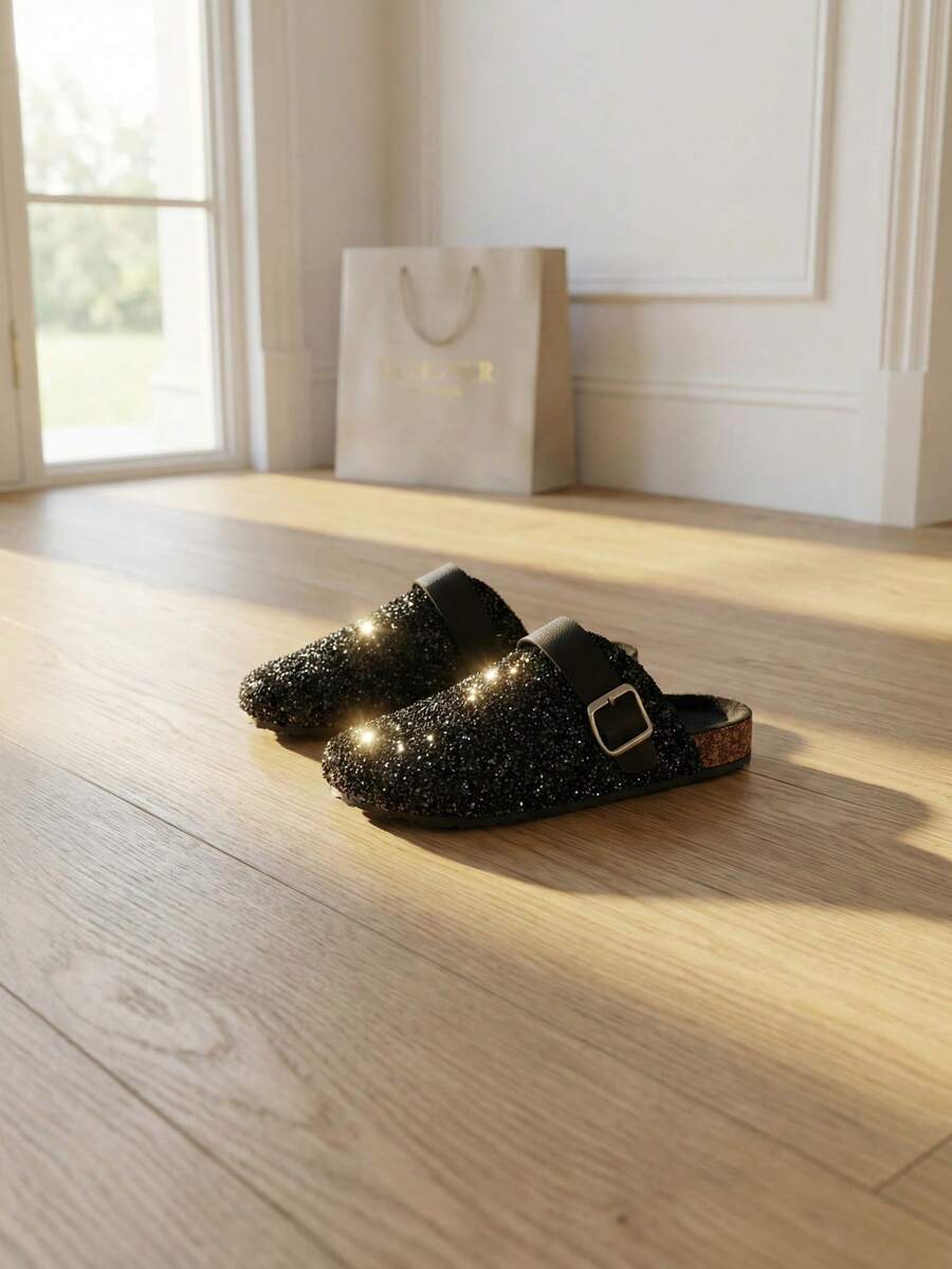 roulvxiang Dép lê đính sequin đen mới về, dép đi biển, dép lê lông xù, giày bệt nữ thường ngày. - màu đen - Xem 1