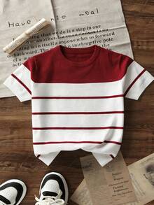 Teen Boys Classic Burgundy And White Striped All-Match Knit Top, Casual Short Sleeve Knit Pullover, Suitable For Everyday Versatile Style - Multicolor - View 3