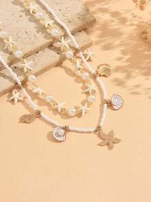 2pcs Summer Sweet Ocean Style Starfish & Shell Beaded Alloy Ocean Creature Pendant Necklace Set, Suitable For Beach, Vacation, Party Wear, Versatile Necklace For Girls - Multicolor - View 3