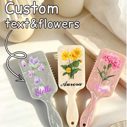 Customized Marble Texture Comb, Personalized, Custom Text, Birth Month Flower, Marble Texture, Versatile Matching, Ideal Gift For Friends, Girlfriend, Mother