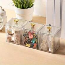 Bộ 3 hộp/2 hộp/1 hộp đựng đồ trang điểm bằng nhựa có nắp đậy, hộp đựng trong suốt dùng để đựng tăm bông, bông tẩy trang, son môi, dây buộc tóc, mút trang điểm và các dụng cụ làm đẹp khác, hộp đựng đồ trang điểm trong suốt tối giản phù hợp sử dụng tại nhà. - Trong sáng - Xem 6