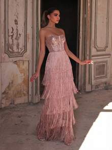 Faeriesty 女士优雅亮片无肩带连衣裙，多层流苏下摆 | 奢华晚礼服，适合盛大晚宴、婚礼或正式场合，夏季度假派对春季装扮 - 香檳色 - 查看 5