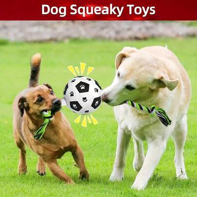 Interactive Dog Soccer Ball Toy With Rope, Squeaky Dog Toy With Bell, Durable Chew Toy For Small Medium Large Dogs, Puppy Teething Toy For Tug Of War, Fetch, Outdoor Training