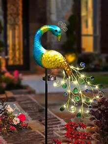 1 pieza Lámpara de arte de hierro con forma de pavo real alimentada por energía solar, luz ambiental nocturna LED para exteriores, adecuada para decorar tu propio jardín, efecto de iluminación suave, brillando por la noche, luz solar con forma de ave para el césped - Multicolor - Ver 1