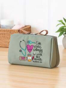 Nurse Theme Portable Pill Bag, Printed With Stethoscope, Heart, Syringe, Thermometer Patterns, Printed With "She Works Diligently With Her Hands", Compact Pill Storage Box And First Aid Kit, Multi-Functional Pill Bag, Portable Medical First Aid Kit - Multicolor - View 6