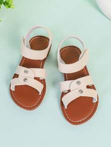 1 Pair Girls' Ivory Flat Sandals, PU Woven Criss-Cross Glitter Rhinestone Bow Decor Strap Design Round Toe Casual Chic Sandals, Suitable For 3-15 Years Old, Spring/Summer New Arrival - White - View 2
