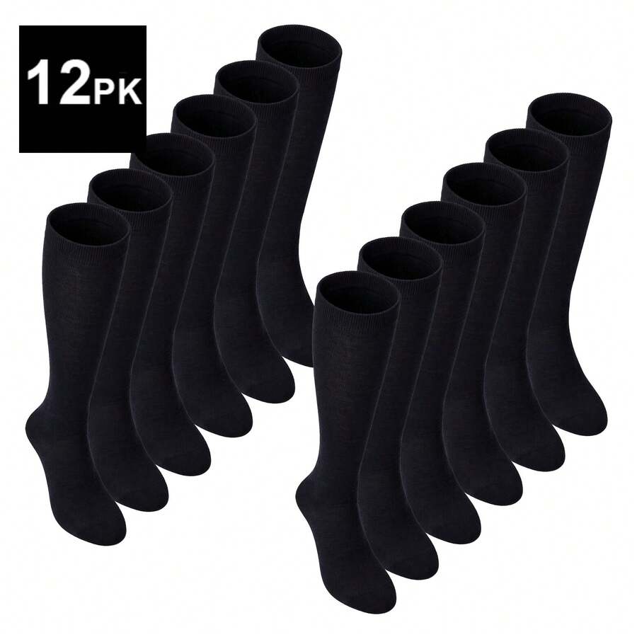 Sock Snob 12 Pair Multipack Girls Knee High Socks | Breathable Long Cotton School Socks - Black - View 1