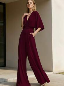 Palazzo De Pierna Ancha Manga Bombacha Jumper De Moda Casual Para Dama - Vino - Ver 5