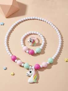 Set 3 buah Kalung, Gelang, dan Cincin Manik-manik Unicorn Warna Permen Lucu untuk Anak Perempuan, Cocok untuk Dipakai Sehari-hari - MultiWarna - View 1