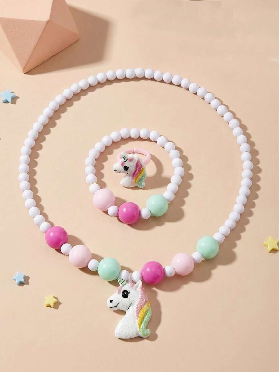 Set 3 buah Kalung, Gelang, dan Cincin Manik-manik Unicorn Warna Permen Lucu untuk Anak Perempuan, Cocok untuk Dipakai Sehari-hari - MultiWarna - View 1