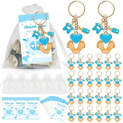 30 món quà nhỏ xinh cho tiệc tắm em bé, gồm móc khóa hình dấu chân màu xanh dương, đựng trong túi vải organza trắng và thẻ cảm ơn, thích hợp trang trí cho bữa tiệc "Oh It's A Shower".