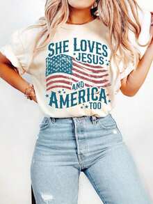 Camiseta del Día de la Independencia, Camiseta Cristiana, Camiseta del 4 de Julio, Camiseta "Ella ama a Jesús y a Estados Unidos También", Camiseta Retro de Estados Unidos, Camiseta de EE.UU., Bandera de EE.UU. - Negro - Ver 8