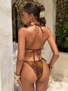 棕黄花卉印花细肩带三角罩杯两件式比基尼套装，性感优雅复古夏季海滩度假泳池派对休闲泳装 - 鏽棕色 - 查看 2