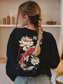 Women's Summer Graphic Tee, Crew Neck And Short Sleeves, Loose And Versatile Casual Top In Holiday Style,  Black Outfit For Summer, Everyday And Holidays. - Black - View 6