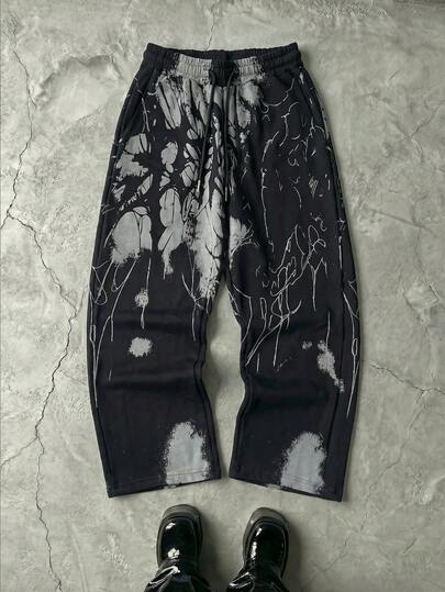 Fractyr Pantalones largos sueltos y reversibles con estampado de pintura abstracta y graffiti de moda callejera casual de verano para hombres