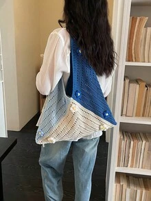 1件装撞色鱼形设计大容量单肩手提包，时尚钩编包，波西米亚风沙滩度假日常女包 - 藍色 - 查看 6