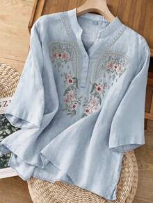 Women's Floral Embroidered V-Neck Loose 3/4 Sleeve Blouse - Blue - View 1