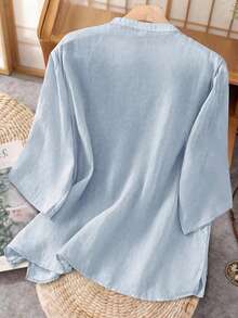 Women's Floral Embroidered V-Neck Loose 3/4 Sleeve Blouse - Blue - View 2