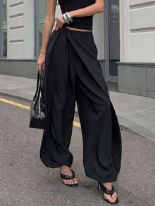 Women's High Waist Wide Leg Pants, Gothic/Japanesque Style, Loose Asymmetrical Cut, Casual Street Fashion, Solid Color Woven Fabric, Button Closure, Suitable For School, Office, Daily Wear, Airport, Spring/Summer Black - 黑色 - 查看 5