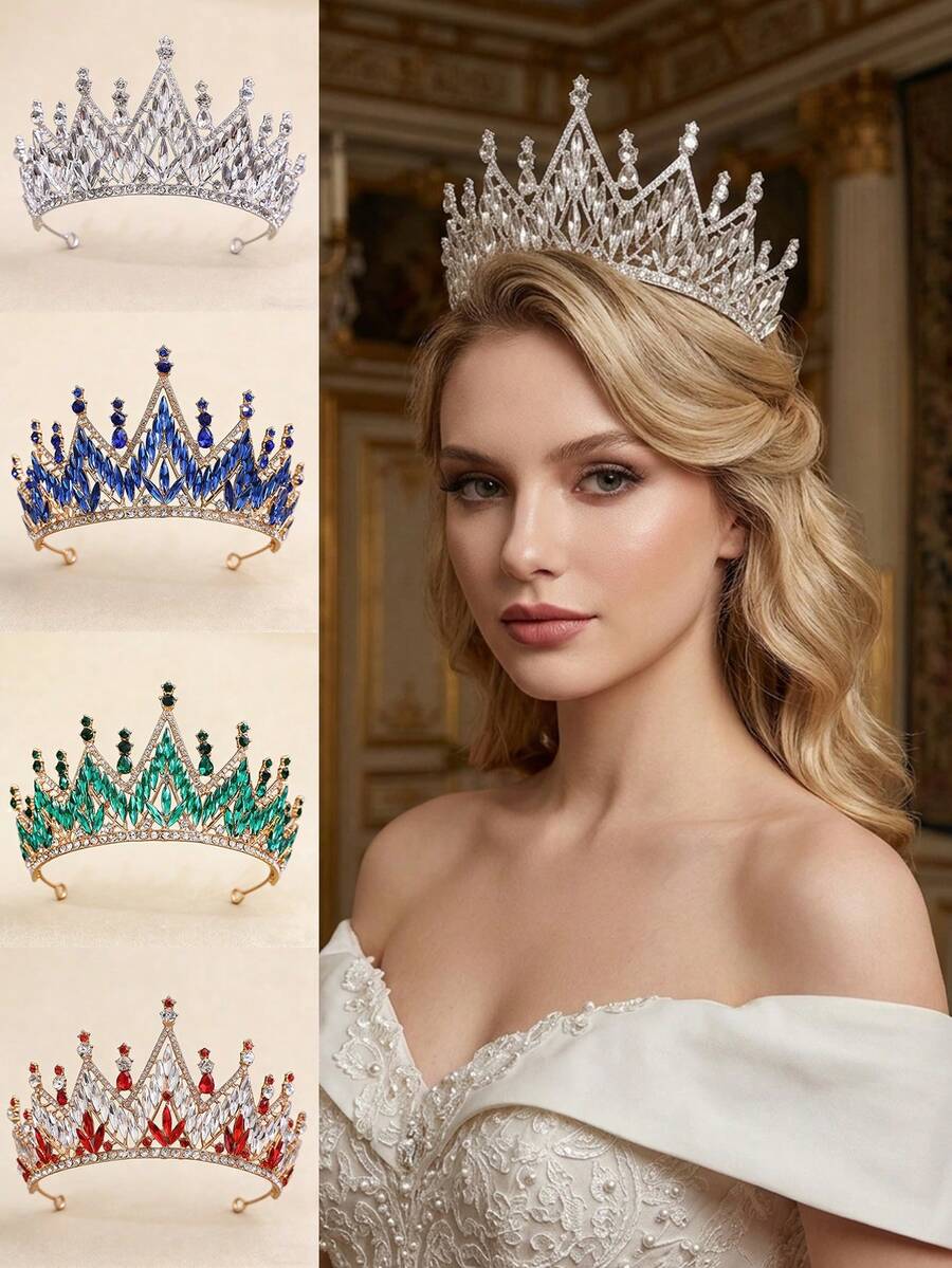 1pc Retro Multi-Color Bridal Crown, Geometric Pattern Palace Style Zinc Alloy Tiara Headpiece For Wedding, Pageant, Performance,Festival,Birthday - Multicolor - View 1