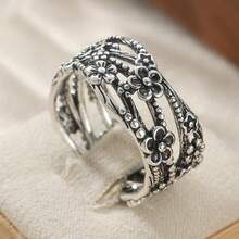 Vintage Boho geschnitzter Blumen- und Blattranken-Ringmit geflochtenem Muster, haltbarer Schmuck als Geschenk für Frauen zu Jahrestag, Geburtstag oder besonderen Anlässen - Antiksilber - Übersicht 2