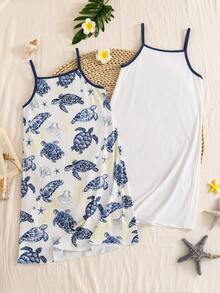 2pcs Girls Loose Nightgown Set With Navy Blue Straps. Features Blue Turtle, Light Yellow Coral, White Seashell And Star Elements. White Base Color With Blue And White Starfish And Floral Print On The Chest, Suitable For Daily Home, Swimming Party And Leisure Vacation. - Multicolor - View 5