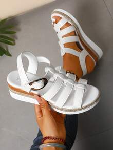 Women's Wedge Thick Bottom Roman Style Beach Casual Vacation Outdoor Beach Summer Spring Outfit Recommendation, Small Platform With Buckle Design - White - View 1