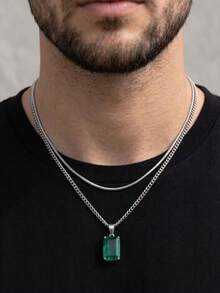 两枚叠戴几何方形绿色锆石吊坠，双层锁骨链，男士项链 - 金色 - 查看 7