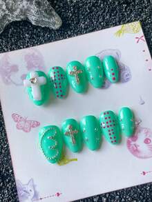 Móng giả dán màu xanh chanh, hình chữ thập, dáng ngắn hình hạnh nhân, họa tiết chấm bi đỏ tương phản, móng giả thủ công kiểu cánh Y2K, quà tặng ngày lễ - Nhiều màu - Xem 2