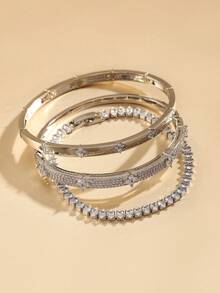 Bộ 3 vòng tay, vòng tay hình cỏ bốn lá mạ vàng/bạc đính đá Cubic Zirconia, bộ trang sức thanh lịch phù hợp cho phụ nữ đeo hàng ngày, hẹn hò, v.v. - Bạc - Xem 6