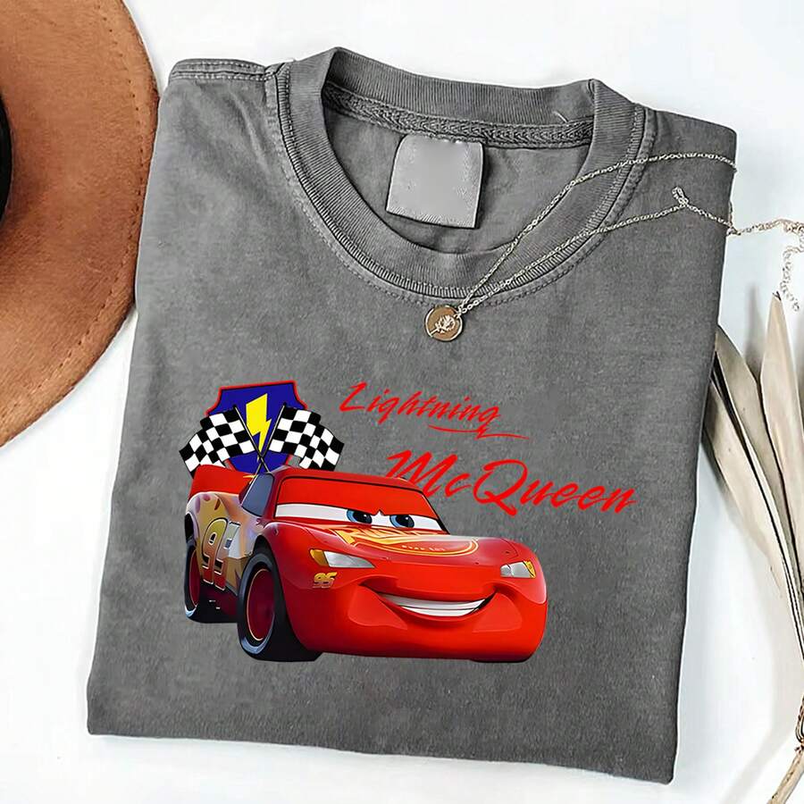 Disney Cars Lightning McQueen Champion Vintage Washed Black Oversized Cotton T-Shirt, Retro Sporty Loose Fit Tee For Kids & Adults, Perfect For Disney Fans, Daily Wear & Gift - Xám - Xem 1