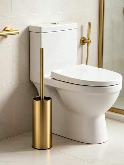 Chổi cọ toilet bằng thép không gỉ dày dặn, tay cầm tiện dụng, dụng cụ vệ sinh bền bỉ chống gỉ sét, thích hợp cho nhà tắm gia đình và khách sạn, giao ngẫu nhiên màu vàng hoặc bạc.