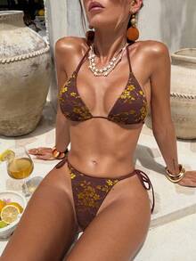 棕黄花卉印花细肩带三角罩杯两件式比基尼套装，性感优雅复古夏季海滩度假泳池派对休闲泳装 - 鏽棕色 - 查看 7