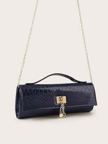 REMANLAND Glossy Crocodile Embossed Handbag, Luxury Ladies' New Navy Blue Party Clutch, Elegant Long Formal Bag With Metal Pendant, Suitable For Pairing With Glamorous Gowns, Ideal For Summer Parties, Gatherings, Galas, Weddings And More - Navy Blue - View 5