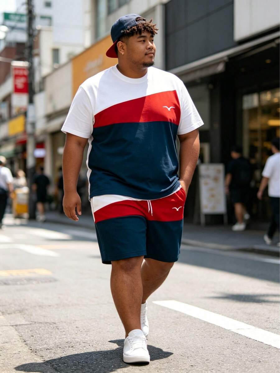 2 Stücke/Set Herren Große Größen Locker sitzende Farbverlauf Rot Weiß Blau Kurzarm T-Shirt und Shorts Set, Sommer Farbblock Muster Lässig Große Größen T-Shirt und Shorts Outfit, vielseitig für täglichen Gebrauch, Streetwear und Training, unverzichtbares Sommer Outfit für Große und Herren - Verschiedenfarbig - Übersicht 1