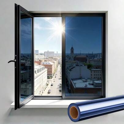 1 Rollo de película de aislamiento térmico de diamante azul y plateado, incluye herramientas de instalación. Película de privacidad premium de un solo sentido en azul y plateado, película bloqueadora de sol, bloquea los rayos UV, enfriamiento físico, evita daños al sofá por el sol, con respaldo autoadhesivo, material PET duradero, tamaño personalizable